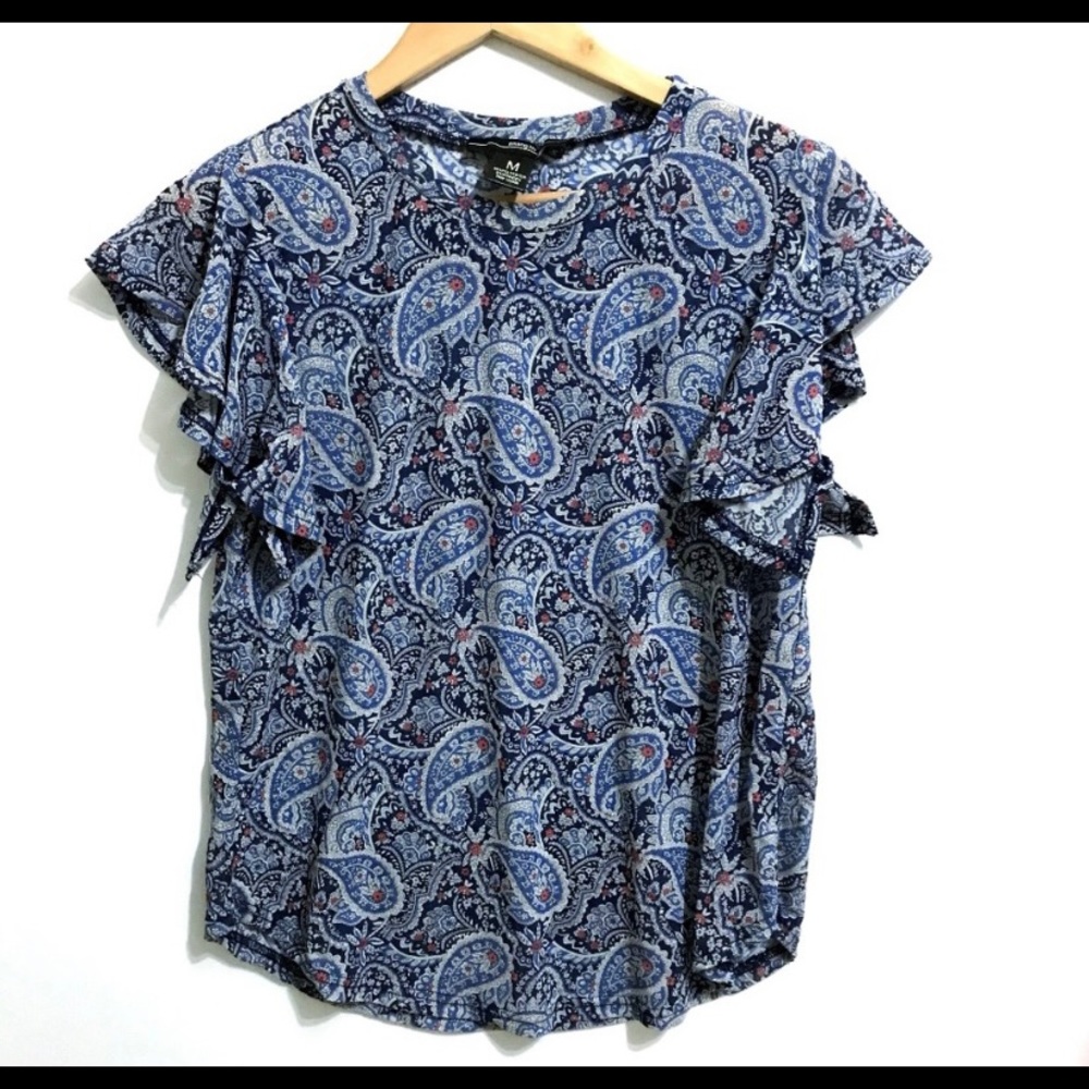 EUC Ruffle Sleeved, Blue Paisley Print Blouse #0703